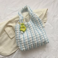 Blue and white striped bubble texture tote bag with yellow flower charm for daily use - With Pendant Style / Blue
