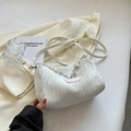 Chic cream white pleated underarm bag with elegant pearl metal chain and shoulder strap - White