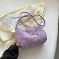 Chic purple pleated canvas crossbody bag with decorative pearl chain and shoulder strap - Purple