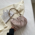 Champagne pink pleated cloud bag with floral silver chain and knotted rope strap - Khaki