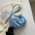 Chic light blue pleated shoulder bag with silver chain and silk-like glossy finish - Blue
