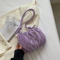 Purple pleated canvas crossbody bag with elegant silver floral chain and knot strap - Purple
