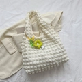Chic cream bubble texture tote bag with a neon green flower charm for daily use - With Pendant Style / White