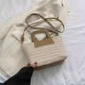 Sac seau chic en paille tissée crème avec poignées et bandoulière en cuir kaki - Kaki