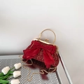 Sac bandoulière en tweed rouge avec grand nœud en mousseline et poignée dorée - Rouge