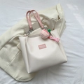 Cream tote bag with pink handles, letter patch and cute peach plush charm detail - With Pendant / White and Pink
