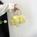 Lichtgele tweed handtas met een grote organza strik en witte parel accenten - Geel