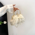 Elegante gebroken witte tweed handtas met grote strik en parelmoer franjes - Wit