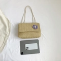 Straw shoulder bag in beige with purple knit sunflower and woven strap details - Khaki
