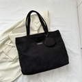 Large black corduroy tote bag with dual handles and round coin purse attachment - Black