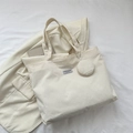 Creamy white corduroy tote bag with round coin purse and stylish fashion label - White