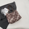 Chic coffee-brown diamond pattern tote bag with leather handles and silver ring accents - Coffee