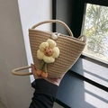 Fashionable woven straw bucket bag with floral accent and pearl button closure - Style 2 Khaki