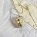 Straw woven crossbody bag with a large yellow floral ornament and colorful wavy patterns - Style 2 White