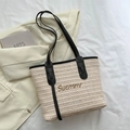 Borsa tote in paglia beige con manici in pelle nera e ricamo Suemmr per l'estate - Senza Ciondolo / Nero