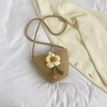 Fashionable khaki woven bucket bag with yellow flower charm and pearl drawstring strap - Style 2 Khaki