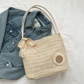 Bolso saco de paja blanco crema con lazo de encaje y detalle de flor margarita - Blanco con Girasol