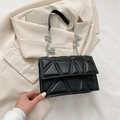 Chic black quilted triangle pattern crossbody bag with silver chain strap for women - Black