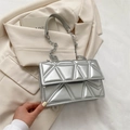 Silver metallic geometric quilted shoulder bag with chain strap and glossy finish - Silver