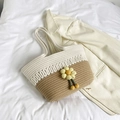 Sac cabas tissé main en crème et kaki orné d'une fleur de crochet jaune 3D - Style 1 Blanc Kaki