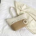 Sac cabas tissé bicolore beige et kaki orné d'une petite fleur de marguerite blanche - Style 2 Blanc Kaki