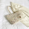 Sac fourre-tout tissé blanc crème avec pois colorés et breloque fleur de marguerite - Style 2 Blanc Cassé Points Colorés