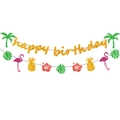 Hawaii tropical birthday party banner with glitter flamingo pineapple and palm leaf motifs - Coconut Tree Happy Birthday Banner + Tropical Elements Banner (2 Pieces)