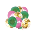 Detail of Hawaii party balloons with monstera leaves, Aloha text and gold confetti - 10 Pieces Balloons (Monstera/Aloha/Gold Confetti)