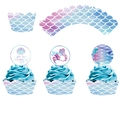 Set decorazioni torta sirena con bordi a squame e topper colorati ad acquerello - Pirottini e Topper per Cupcake Sirena