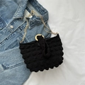 Minimalist black bubble textured hobo bag with gold chain strap for women - Black