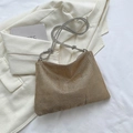 Golden rhinestone mesh tote bag with silver crystal shoulder strap on white background - Gold