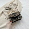 Fashionable black leather and brown tweed square crossbody bag with gold chain strap - Black