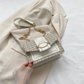 Chic white faux leather crossbody bag with beige tweed flap and gold chain strap - White