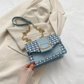 Blue and white tweed crossbody bag with gold chain strap and leather trim finish - Blue