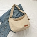 Beige corduroy large capacity crossbody bag with leather label and metal buckle - Off White