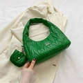 Bright green quilted half-moon hobo bag with a mini pouch pendant and a fabric label - Green