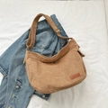 Khaki brown corduroy crescent shoulder bag with adjustable strap and fashion label - Khaki