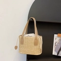 Secchiello in paglia beige con manico in pelle marrone e sacchetto interno - Cachi