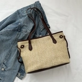 Borsa tote in paglia intrecciata beige con manici in pelle marrone scuro - Nero