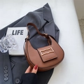 Brown leather crescent underarm bag with gold metal buckle and thin shoulder strap - Brown