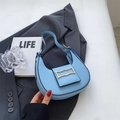 Chic light blue semi-circle shoulder bag made of PU leather with gold geometric buckle - Blue