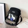 Borsa a tracolla nera in nylon stile coreano con tasca trasparente e badge decorativi - Nero