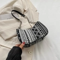 Ethnic style black and white geometric crescent shoulder bag with silver chain strap - Style 1 Black