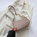 Beige wool shoulder bag with chevron stitching and golden chain strap detail - Khaki