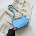 Light blue quilted shoulder bag with gold chain strap and textured woolen fabric - Lake Blue
