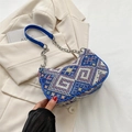 Bolso bajo el brazo de punto étnico con ribetes azules y patrones geométricos - Estilo 2 Azul