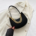 Black crocodile-embossed half-moon underarm bag with decorative gold chain detail - Black