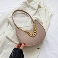 Chic lotus pink crescent bag with crocodile texture and gold chunky chain strap - Khaki
