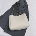 Creamy white PU leather tote bag with brown straps and gold chain on a grey blazer - 33x27x11cm / Rice White Large