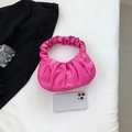 Rose pink ruched faux leather baguette handbag with trendy pleated handle for women - Rose Red